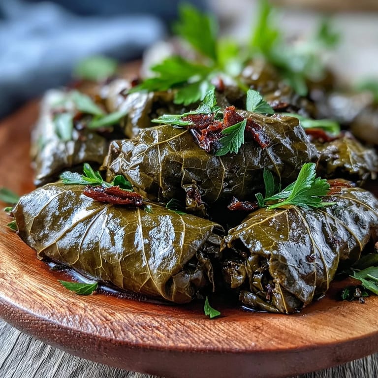 Plump Kurdish Dolma, glistening cooked grape leaves showcasing the vibrant, savory rice filling.