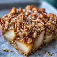 Freshly baked Pear Crumble bubbling in a dish with golden oat topping, served warm with vanilla ice cream melting on top.