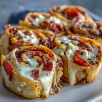 Golden-baked Tortilla Pizza Rolls sliced to show molten mozzarella and zesty tomato sauce, served warm on a plate.