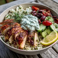 Juicy Greek Chicken Bowl features herbed rice, crisp salad, and creamy tzatziki, ready to serve with lemon wedges.