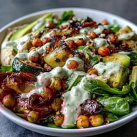 A colorful vegan Mediterranean Buddha Bowl with roasted vegetables, creamy avocado, and a drizzle of zesty tahini dressing.  