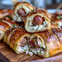 Mini baseball hot dogs in crescent roll dough baked to golden perfection on a party platter.
