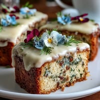 Spring cake with pressed edible flowers, light vanilla layers frosted with whipped cream and adorned with colorful blooms.