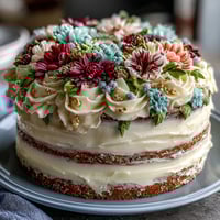 A beautifully layered vanilla cake adorned with delicate floral buttercream designs for a Taurus graduation birthday celebration.