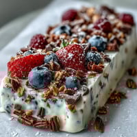 Frozen yogurt bark with berries and granola, a colorful and refreshing summer treat.