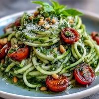 Zucchini Noodles with Pesto and Cherry Tomatoes in a colorful, healthy Mediterranean dish.