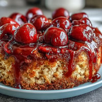 Caramelized cherry almond upside-down cake glistening, a perfect dessert.