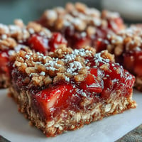 Golden baked Strawberry Rhubarb Crumble Bars with bubbling fruit filling.