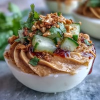 Creamy Thai Peanut Deviled Eggs topped with fresh, zesty cucumber relish.