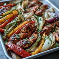 Sheet pan chicken fajitas sizzling with colorful peppers, ready for warm tortillas.